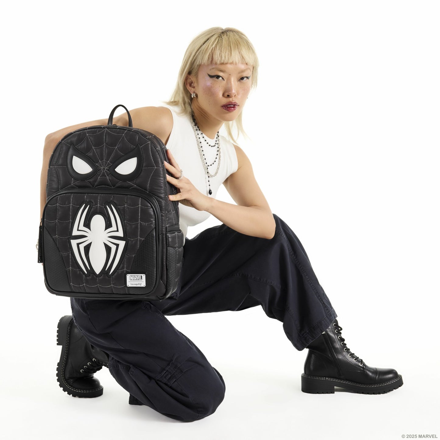 Loungefly Spider-Man Black & White Suit Cosplay Quilted Full-Size Backpack