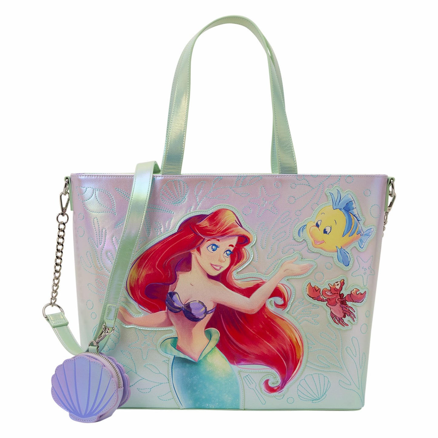 Loungefly The Little Mermaid Ariel, Flounder, & Sebastian Tote Crossbody Bag with Coin Bag
