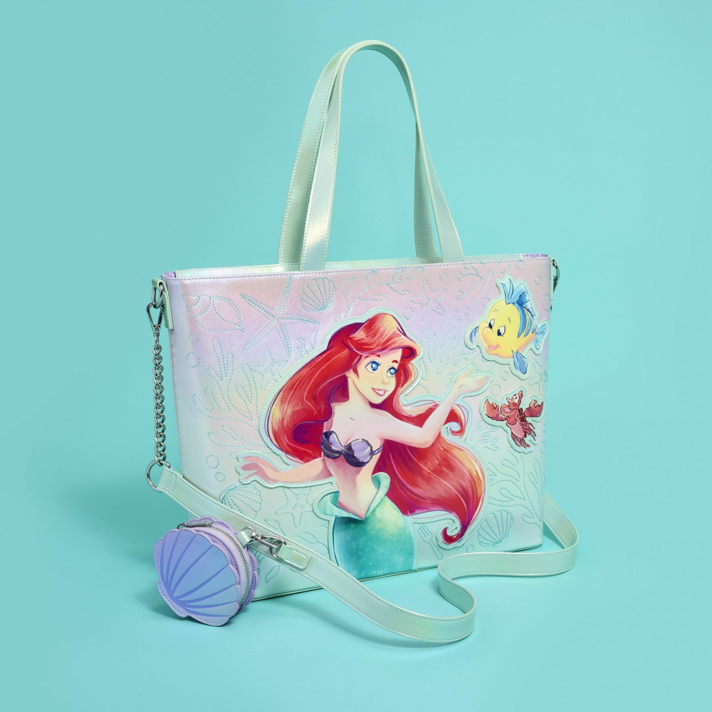 Loungefly The Little Mermaid Ariel, Flounder, & Sebastian Tote Crossbody Bag with Coin Bag