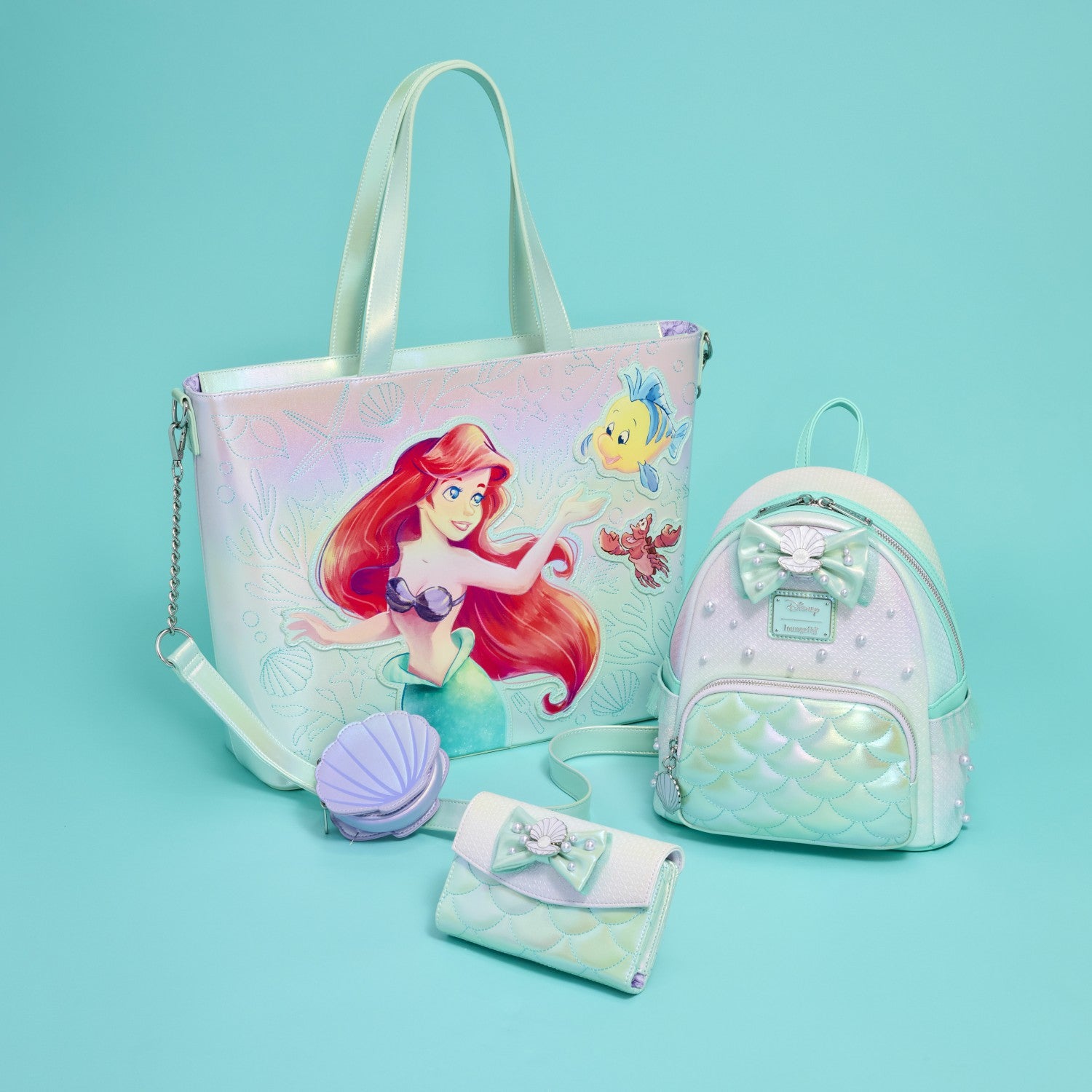 Loungefly The Little Mermaid Ariel, Flounder, & Sebastian Tote Crossbody Bag with Coin Bag