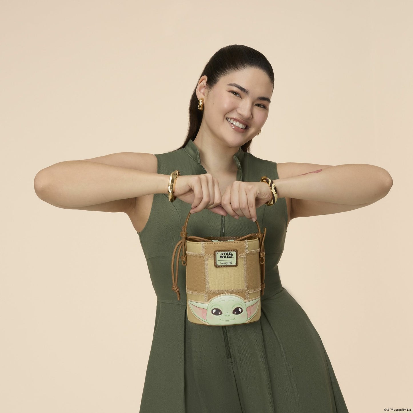 Loungefly The Mandalorian Grogu & Anzellan Drawstring Bucket Crossbody Bag with Coin Bag