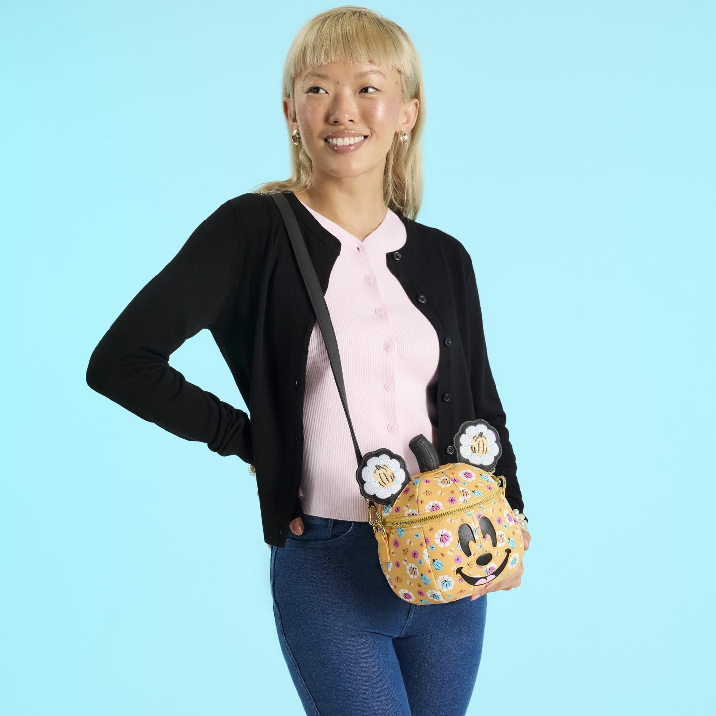 Loungefly Mickey Mouse Floral Pumpkin Head Glow Figural Crossbody Bag