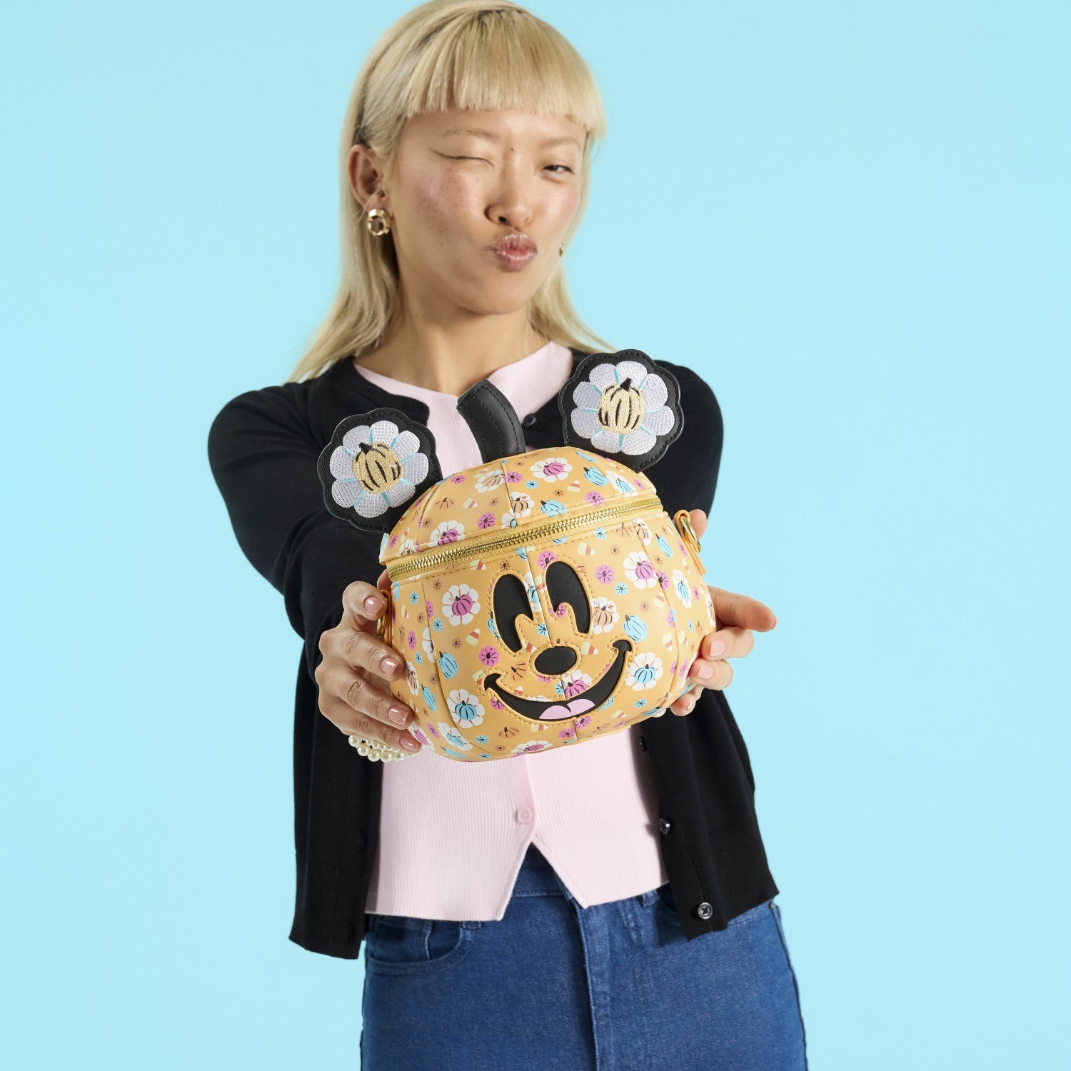 Loungefly Mickey Mouse Floral Pumpkin Head Glow Figural Crossbody Bag