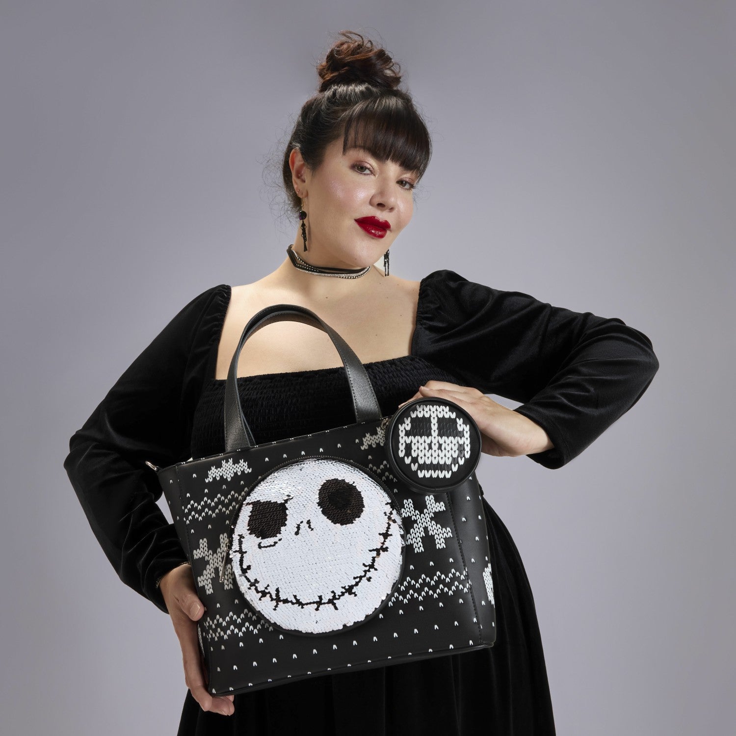 Loungefly The Nightmare Before Christmas Jack Skellington Reversible Sequins Tote Crossbody Bag with Coin Bag