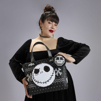Loungefly The Nightmare Before Christmas Jack Skellington Reversible Sequins Tote Crossbody Bag with Coin Bag